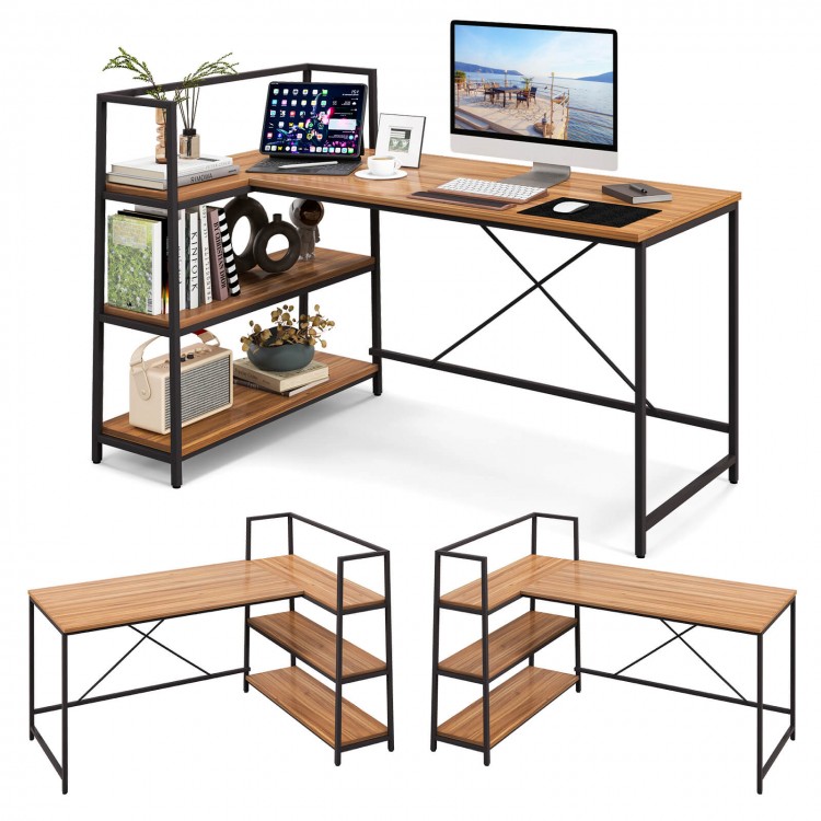 Reversible L-shaped workstation featuring a sturdy metal frame and adjustable foot pads, perfect for custom home office.